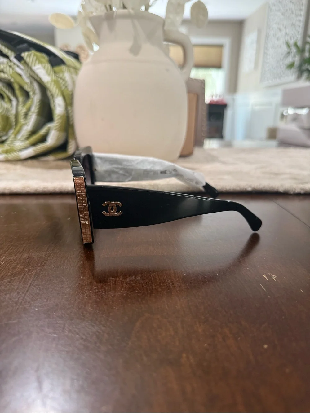 CHANEL Black Square Oversized Sunglasses with Gold Accents